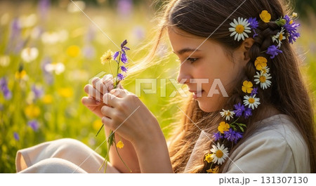 Girl in field wearing flower wreath, holding daisies. 131307130