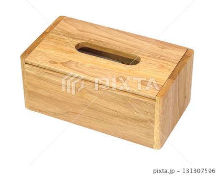 Wooden tissue box with natural grain and rectangular design isolated on white background 131307596