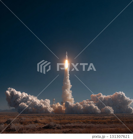 砂漠地帯から空高く舞い上がる宇宙ロケット 131307621