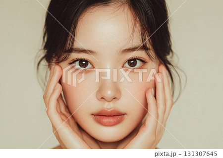 ベージュの背景で美肌を際立たせる若い女性 ベージュの背景で美肌を際立たせる若い女性 131307645