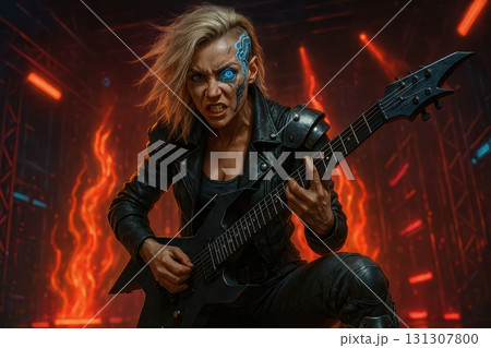 Aggressive female guitarist performing with fiery background 131307800