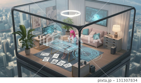 Woman with pink hair in a glass room high above a city. 131307834