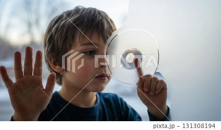 a boy draws on fogged glass 131308194