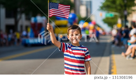 Smiling boy waving American flag at parade. 131308196