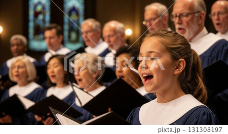 Choir of children and seniors singing together. 131308197