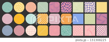 Groovy checkered pattern, colorful tiled grid. Vintage wavy curved backdrop, distortion effect. Funky geometric chessboard texture, retro background in 90s style, y2k. Vector illustration Groovy checkered pattern, colorful tiled grid. Vintage wavy curved backdrop, distortion effect. Funky geometric chessboard texture, retro background in 90s style, y2k. Vector illustration 131308225