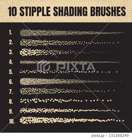 Ink scatter brush, stipple drawing and texturing. Fading gradient. Stippling, dotwork drawing, shading using dots. Halftone disintegration effect. White noise grainy texture. Vector illustration Ink scatter brush, stipple drawing and texturing. Fading gradient. Stippling, dotwork drawing, shading using dots. Halftone disintegration effect. White noise grainy texture. Vector illustration 131308249