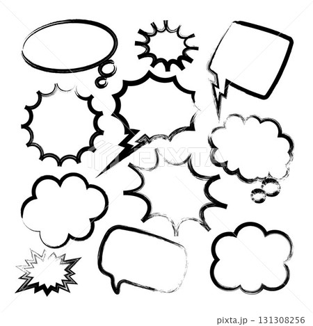 Grunge comic speech bubbles with brush strokes, ink smudges, acrylic stains or charcoal streaks. Hand drawn retro cartoon stickers. Chatting, message box. Vector illustration 131308256