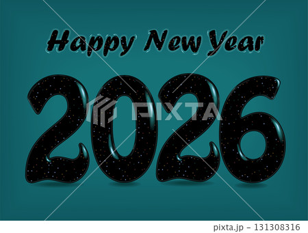 Gothic Elegance: Happy New Year 2026. Bold black numbers and letters adorned with enchanting blurs and sparks. Set against a green background. Vector illustration Gothic Elegance: Happy New Year 2026. Bold black numbers and letters adorned with enchanting blurs and sparks. Set against a green background. Vector illustration 131308316