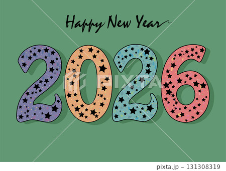 The colorful number 2026 is adorned with black stars, lending a hint of gothic charm to the New Year festivities. Set against a rich green background, vector illustration The colorful number 2026 is adorned with black stars, lending a hint of gothic charm to the New Year festivities. Set against a rich green background, vector illustration 131308319