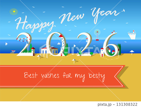 Coastal Celebration: Happy New Year 2026 at the Beach. White text are in the sky as plane trail. The numbers appear as charming beachfront houses. A serene seascape forms the backdrop Coastal Celebration: Happy New Year 2026 at the Beach. White text are in the sky as plane trail. The numbers appear as charming beachfront houses. A serene seascape forms the backdrop 131308322