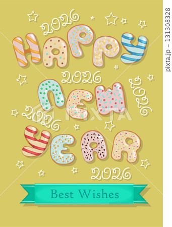Sweet Donut Letters Wish Happy New Year 2026. Delicious Greeting Card with Yellow Background, Creamy Stars, and Custom Text Banner 131308328