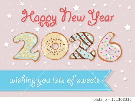 Delightful Donut-Themed New Year 2026 Greeting. The numbers are as sweet donuts adorned with creamy swirls and nutty decorations. Background with confetti. 131308330
