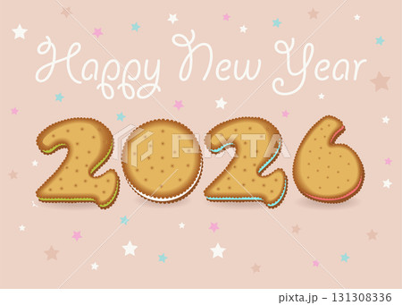 Happy New Year 2026 Cream-Filled Cookie Number. A festive illustration of a cream-filled cookie number 2025 on a pink background with stars and white cream inscription. Perfect for New Year's greeting 131308336