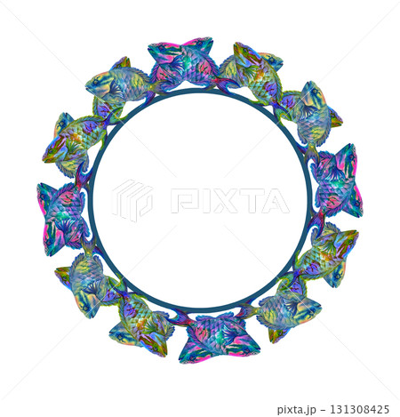 Round frame of rainbow tropical parrotfish. Watercolor template for nautical designs, plates, labels, postcards, posters, children's books, stickers, scrapbooking, textiles, and diving and snorkeling 131308425