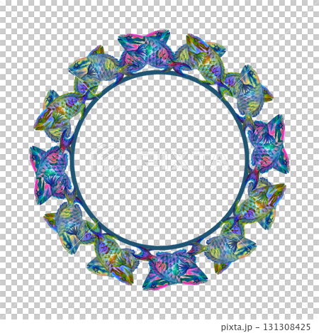 Round frame of rainbow tropical parrotfish. Watercolor template for nautical designs, plates, labels, postcards, posters, children's books, stickers, scrapbooking, textiles, and diving and snorkeling Round frame of rainbow tropical parrotfish. Watercolor template for nautical designs, plates, labels, postcards, posters, children's books, stickers, scrapbooking, textiles, and diving and snorkeling 131308425