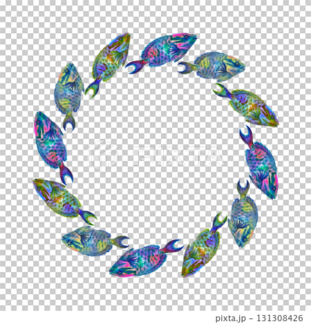 Round frame of rainbow tropical parrotfish. Watercolor template for nautical designs, plates, labels, postcards, posters, children's books, stickers, scrapbooking, textiles, and diving and snorkeling 131308426