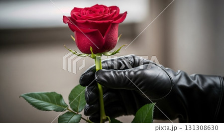Gloved hand holding a single red rose. Gloved hand holding a single red rose. 131308630