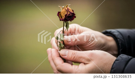 Hand holding a withered rose. 131308635