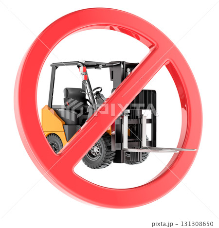 Forklift truck with a red prohibition sign, 3D rendering 131308650