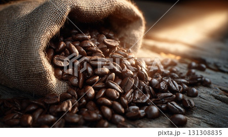 A burlap sack pours out rich coffee beans on a warm wooden table surface 131308835