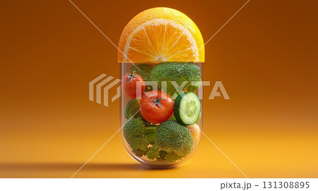 Fresh fruits and vegetables in a pill 131308895