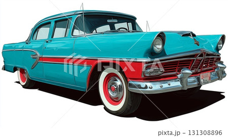 An iconic vintage American car with bold, two-tone paint stands out on a white background 131308896
