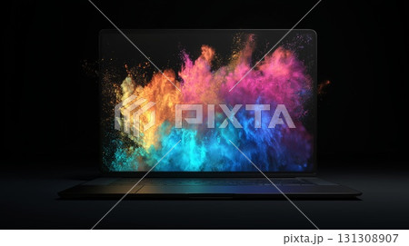 Explosion of colorful powder in laptop screen on dark background 131308907