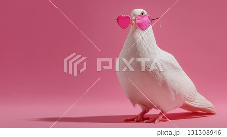 White dove in pink heart-shaped sunglasses on pink background with copy space White dove in pink heart-shaped sunglasses on pink background with copy space 131308946