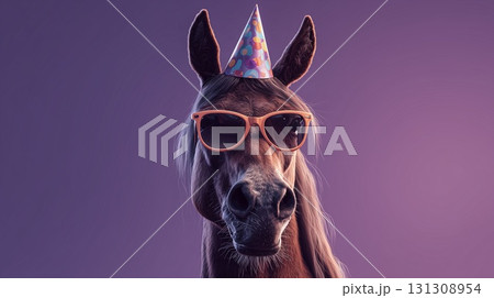 Funny horse wearing sunglasses and a colorful party hat 131308954