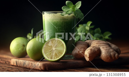 A vibrant green juice made with ginger and lime, presented on a rustic wooden table to emphasize its freshness 131308955