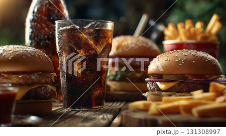 Cheeseburgers, french fries, and cola on a wooden table Cheeseburgers, french fries, and cola on a wooden table 131308997