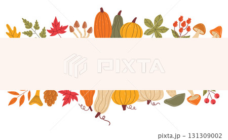 Autumn horizontal poster with decorative borders of leaves, pumpkins, mushrooms and berries in flat cartoon style. 131309002