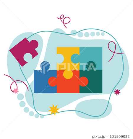 Problem solving concept with puzzle game on organic uneven shape background in flat cartoon style. 131309022