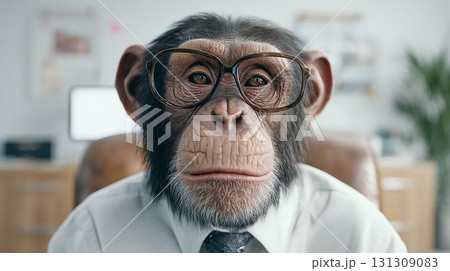 白シャツとネクタイ姿で着席するユーモラスなチンパンジー 131309083