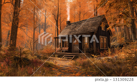 紅葉の森に佇む煙を上げる小屋 131309228