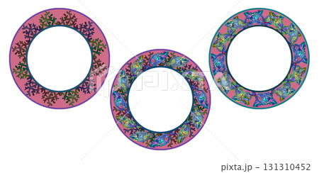Set of round frame of rainbow tropical parrotfish, corals on a pink background. Watercolor template for sea designs, plates, tableware, labels, cards, decor, stickers, scrapbook, diving, snorkeling 131310452