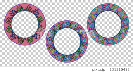 Set of round frame of rainbow tropical parrotfish, corals on a pink background. Watercolor template for sea designs, plates, tableware, labels, cards, decor, stickers, scrapbook, diving, snorkeling 131310452