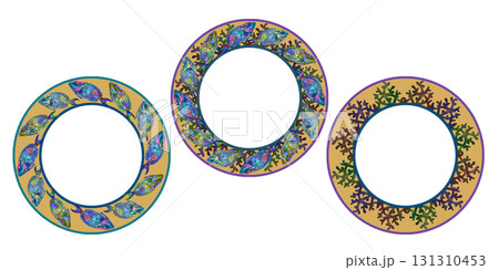 Set of round frames of rainbow tropical parrotfish, corals on a yellow background. Watercolor template for sea designs, plates, tableware, labels, cards, decor, stickers, scrapbook, diving, snorkeling Set of round frames of rainbow tropical parrotfish, corals on a yellow background. Watercolor template for sea designs, plates, tableware, labels, cards, decor, stickers, scrapbook, diving, snorkeling 131310453