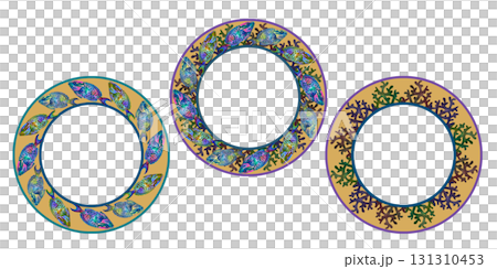 Set of round frames of rainbow tropical parrotfish, corals on a yellow background. Watercolor template for sea designs, plates, tableware, labels, cards, decor, stickers, scrapbook, diving, snorkeling Set of round frames of rainbow tropical parrotfish, corals on a yellow background. Watercolor template for sea designs, plates, tableware, labels, cards, decor, stickers, scrapbook, diving, snorkeling 131310453