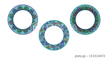 Set of round frames of rainbow tropical parrotfish, corals on a blue background. Watercolor template for sea designs, plates, tableware, labels, cards, decor, stickers, scrapbook, diving, snorkeling 131310472