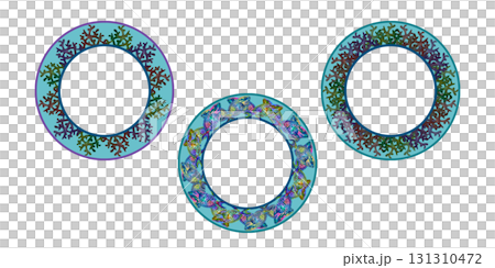 Set of round frames of rainbow tropical parrotfish, corals on a blue background. Watercolor template for sea designs, plates, tableware, labels, cards, decor, stickers, scrapbook, diving, snorkeling 131310472