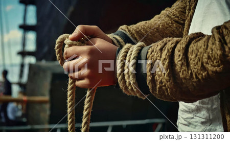 ロープを手に巻き付ける人物の手元 / 力強さと作業感を伝えるドキュメンタリー風イメージ ロープを手に巻き付ける人物の手元 / 力強さと作業感を伝えるドキュメンタリー風イメージ 131311200