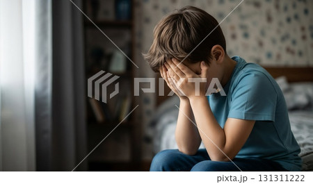 A boy covers his face with hands in distress. 131311222