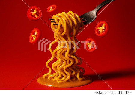 Spaghetti with Tomatoes on Fork 131311376