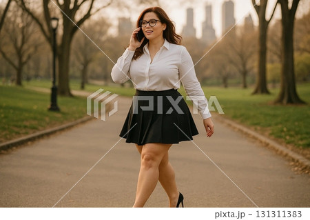 Young Woman in White Blouse and Black Skirt 131311383