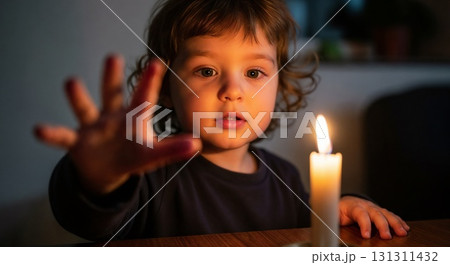 A child holds a candle with wonder. 131311432