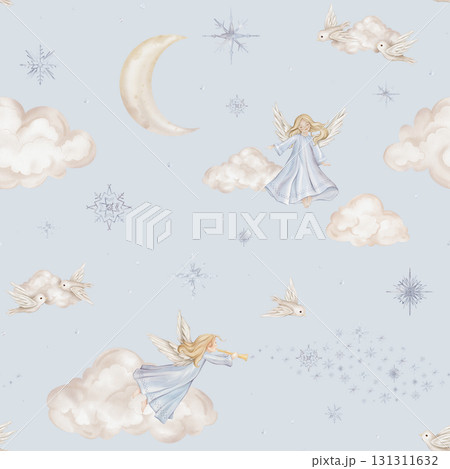 Seamless pattern with cute Christmas angel trumpets with light hair and blue dress. Hand drawn illustration repeat ornament with snowflakes children's design and beige birds among the clouds moon. 131311632