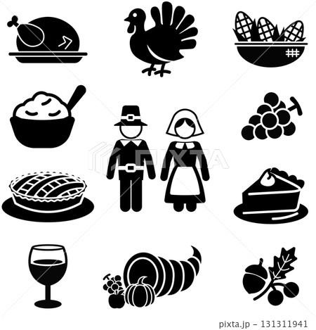 感謝祭に関連する食べ物と人物の白黒シルエットアイコンセット 131311941