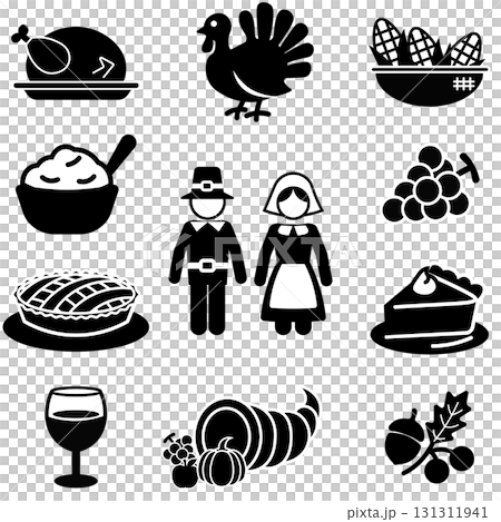 感謝祭に関連する食べ物と人物の白黒シルエットアイコンセット 131311941